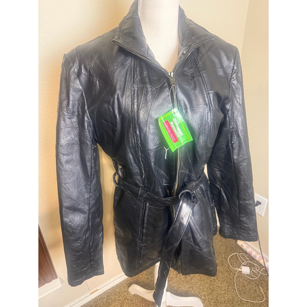 Giovanni Navarre Black Patchwork Leather Jacket XL NWT Matrix Goth Belted Coat